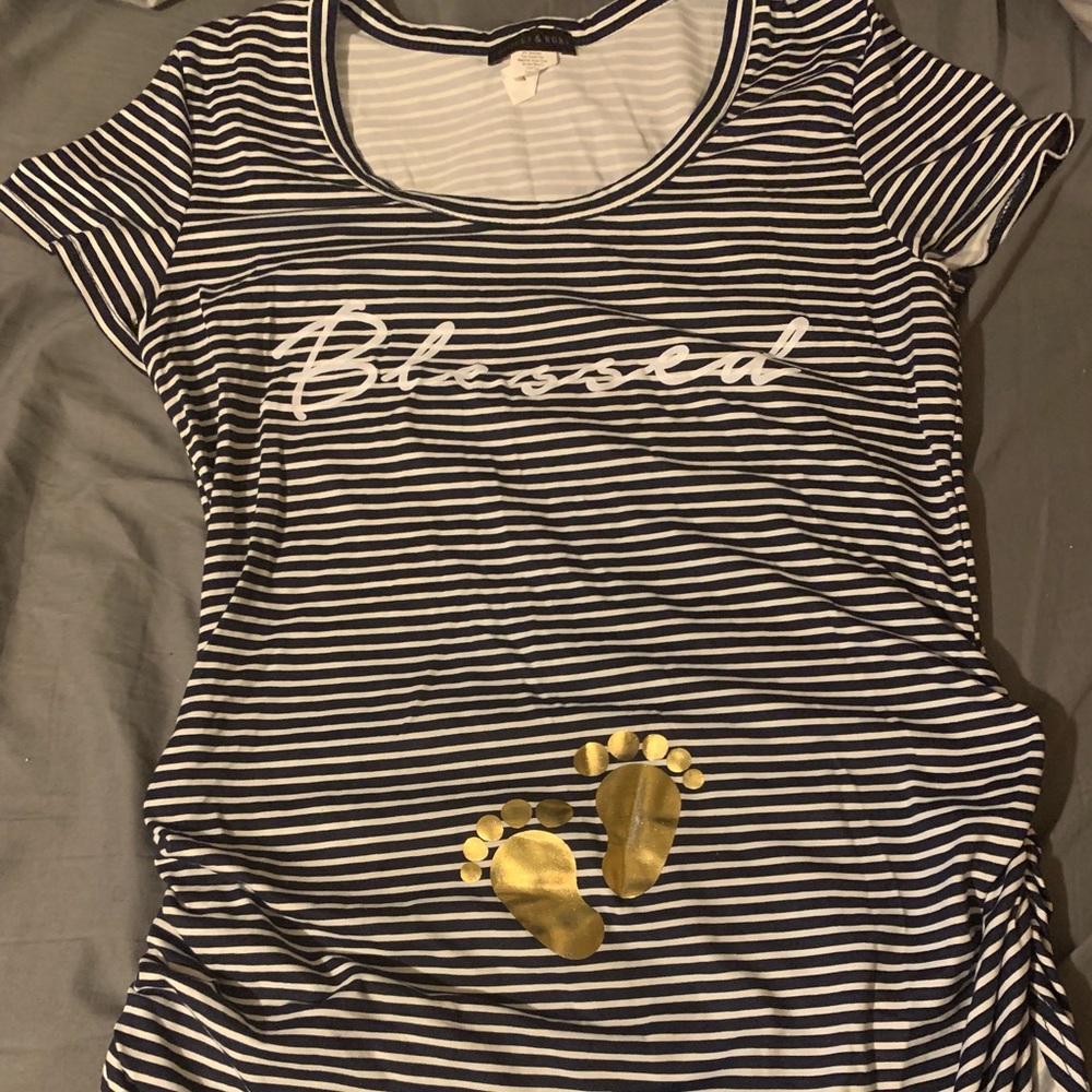 Blue and white stripe “blessed” shirt with little gold feet👣-maternity!